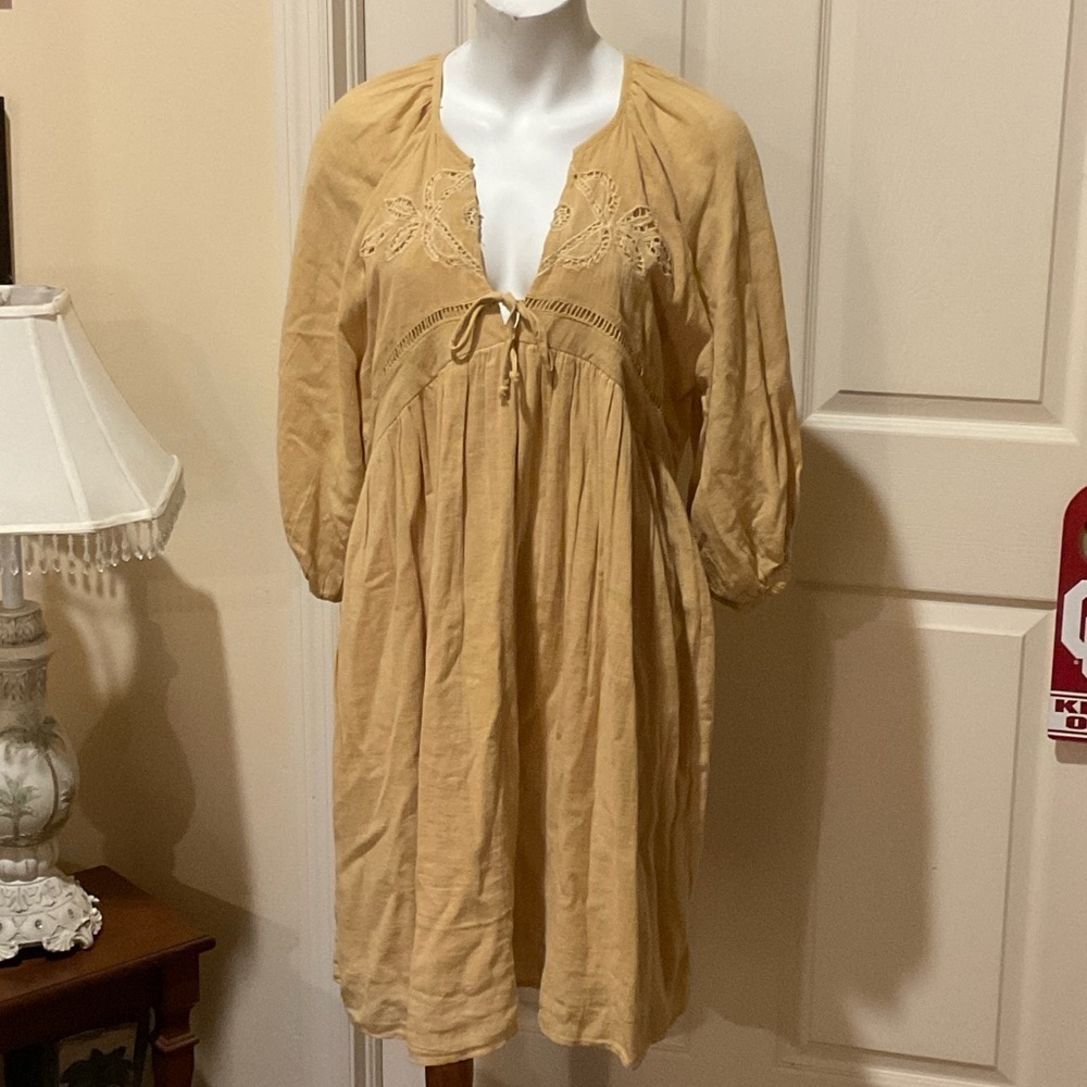 Primark Mustard V-Neck Tie-Front Boho Dress. XL Flowy. lined NWT Babydoll.